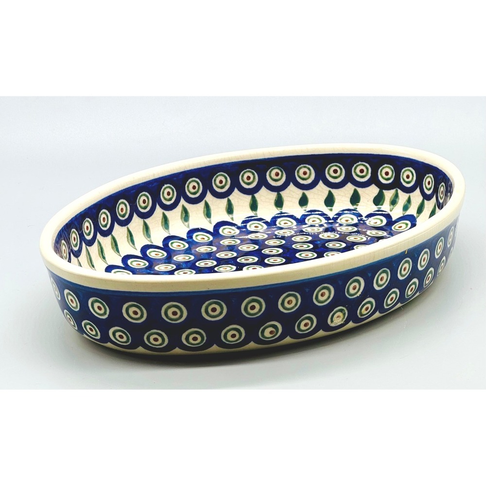 Boleslawiec Polish Pottery Oval Baker Blue Peacock Eye Poland 12 Inch